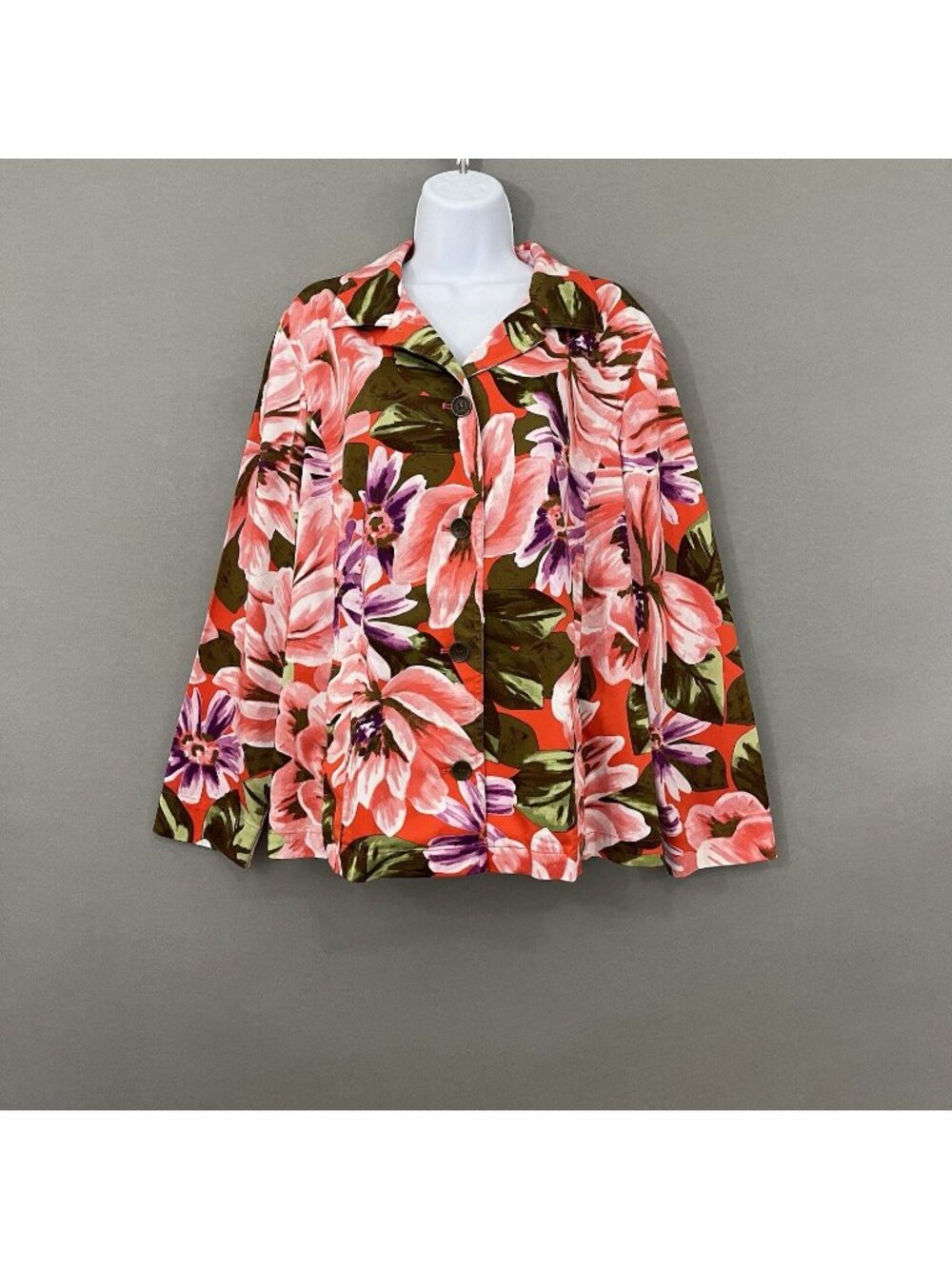 Chico’s Orange Green Floral Button Front Long Sleeve Jacket